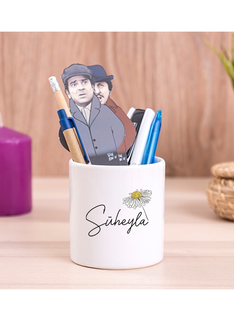 Hediye Dükkanı Gift Shop Personalized Daisy Designed Named Ceramic Pen Holder 