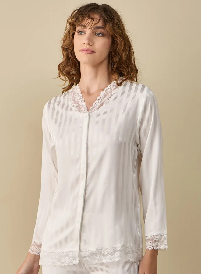 Splash FAV Striped Lace Detail Shirt and Pyjamas Set