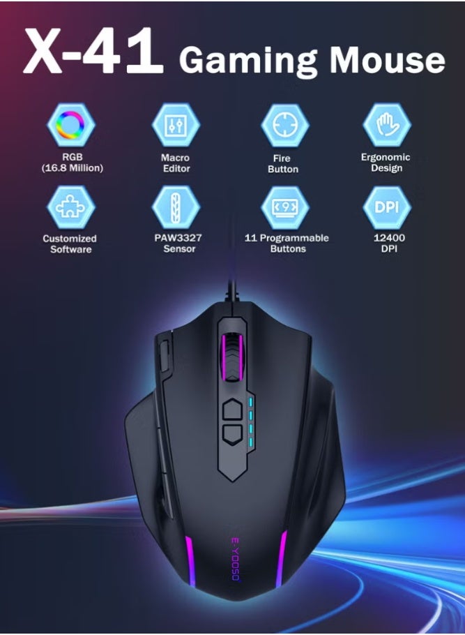 E-YOOSO X-41 Wired Large Gaming Mouse, Big Gamer Mouse with Rapid Fire Button, 5 Side Buttons, 12400 DPI, 5 Backlit Modes, 11 Programmable Macro Shortcuts, Adjustable Weights, Comfort Grip for Window - Image 2