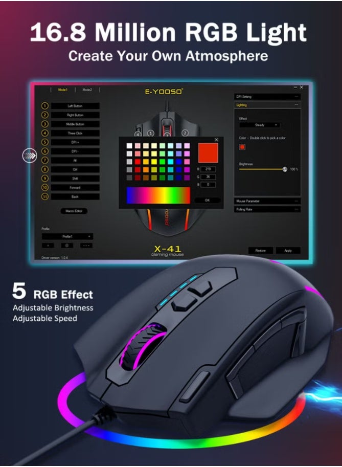 E-YOOSO X-41 Wired Large Gaming Mouse, Big Gamer Mouse with Rapid Fire Button, 5 Side Buttons, 12400 DPI, 5 Backlit Modes, 11 Programmable Macro Shortcuts, Adjustable Weights, Comfort Grip for Window - Image 3