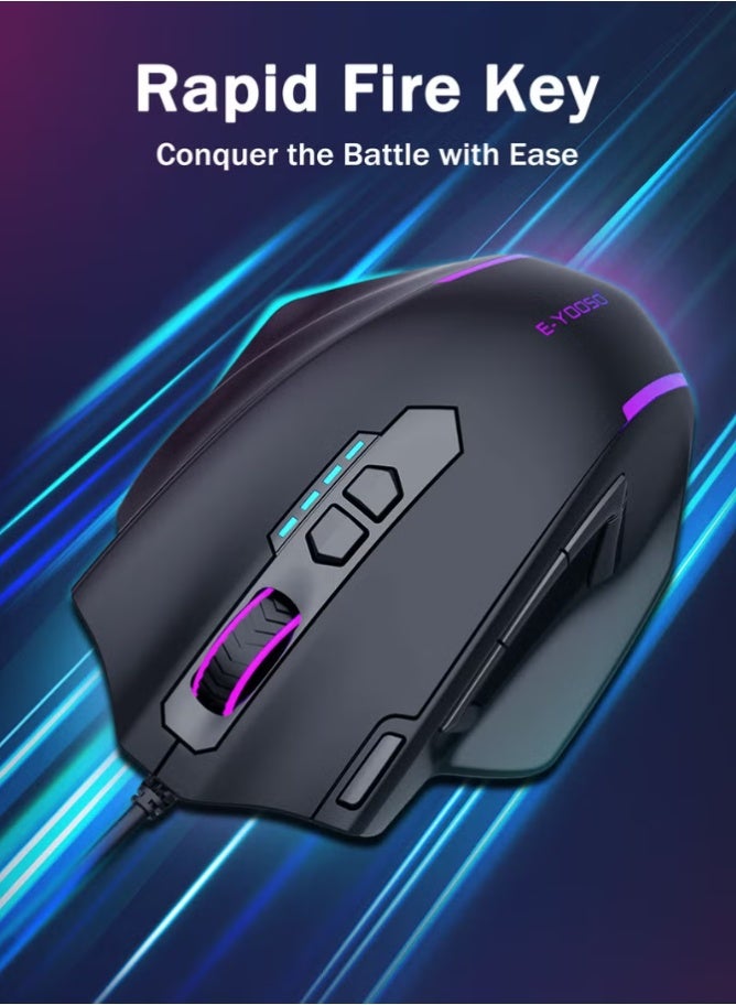 E-YOOSO X-41 Wired Large Gaming Mouse, Big Gamer Mouse with Rapid Fire Button, 5 Side Buttons, 12400 DPI, 5 Backlit Modes, 11 Programmable Macro Shortcuts, Adjustable Weights, Comfort Grip for Window - Image 4