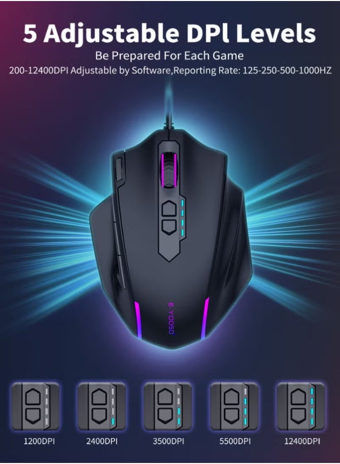 E-YOOSO X-41 Wired Large Gaming Mouse, Big Gamer Mouse with Rapid Fire Button, 5 Side Buttons, 12400 DPI, 5 Backlit Modes, 11 Programmable Macro Shortcuts, Adjustable Weights, Comfort Grip for Window - Image 5