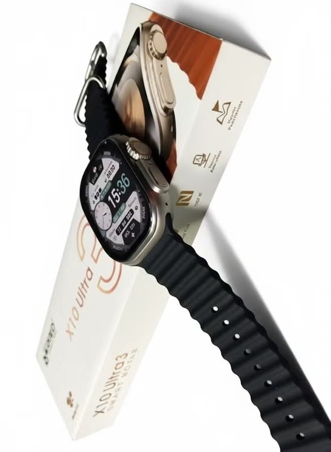 W&O X10 Ultra Smart Watch 3 Curved Glass with Silicone Strap and Wireless Charging Silver Case black Strap - Image 1