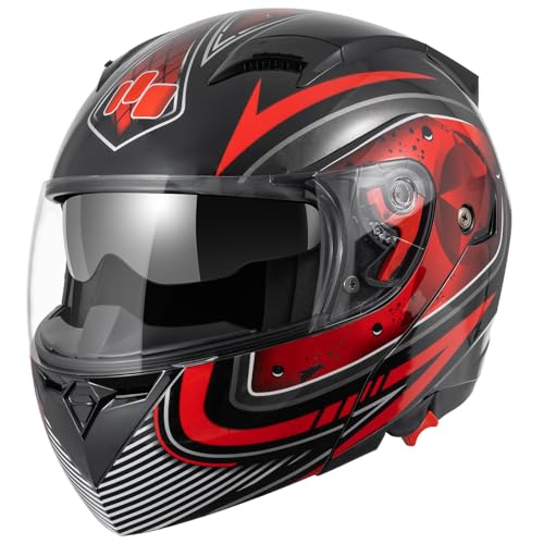 TIANDU DOT Approved Modular Flip-Up Dual Visor Motorcycle Full Face Helmet for Adults Men & Women with 2 Removable Visors (1 Clear + 1 Tinted)，Suitable for Powersports (Black and Red, Medium) - Image 2