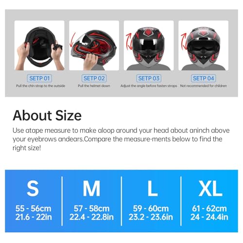 TIANDU DOT Approved Modular Flip-Up Dual Visor Motorcycle Full Face Helmet for Adults Men & Women with 2 Removable Visors (1 Clear + 1 Tinted)，Suitable for Powersports (Black and Red, Medium) - Image 5