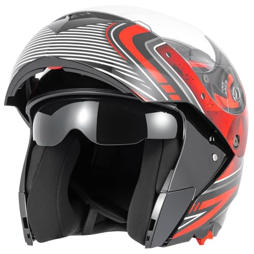 TIANDU DOT Approved Modular Flip-Up Dual Visor Motorcycle Full Face Helmet for Adults Men & Women with 2 Removable Visors (1 Clear + 1 Tinted)，Suitable for Powersports (Black and Red, Medium) - Image 1