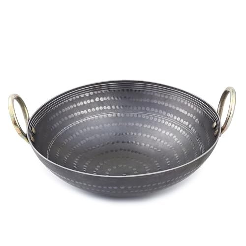 RBY 1 Litre (9 inch / 23 cm) Hammered Iron Kadai Wok Frying Pan Lohe Ki Kadhai Smooth Edge Food Grade Gas and Induction Friendly Metal Spoon Friendly Dishwasher Safe - Image 1