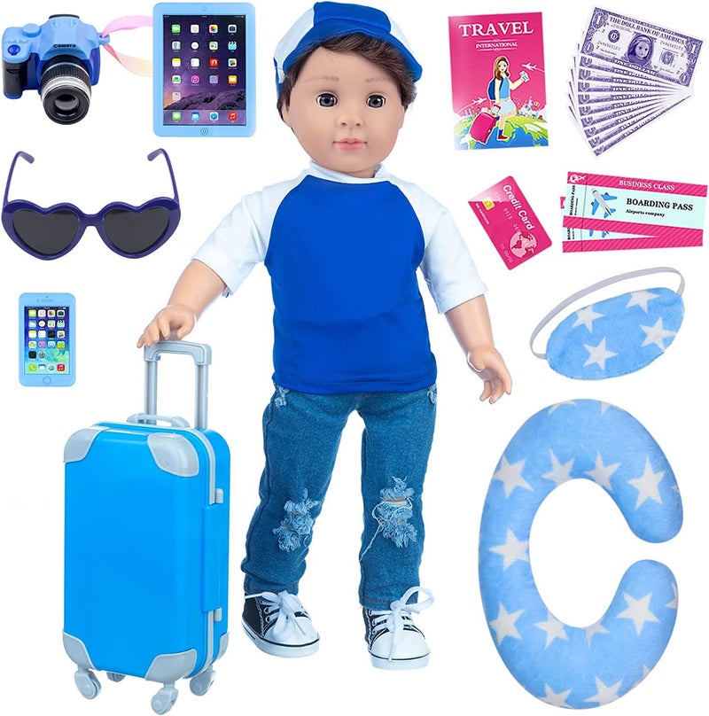 Ecore Fun 24 Pcs 18 Inch Boy Doll Clothes and Accessories Suitcase Play Set Included Travel Carrier Clothes Camera Phone Travel Pillow Passport Tickets Cashes Credit Card Map - Image 2