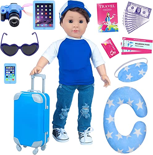 Ecore Fun 24 Pcs 18 Inch Boy Doll Clothes and Accessories Suitcase Play Set Included Travel Carrier Clothes Camera Phone Travel Pillow Passport Tickets Cashes Credit Card Map - Image 1