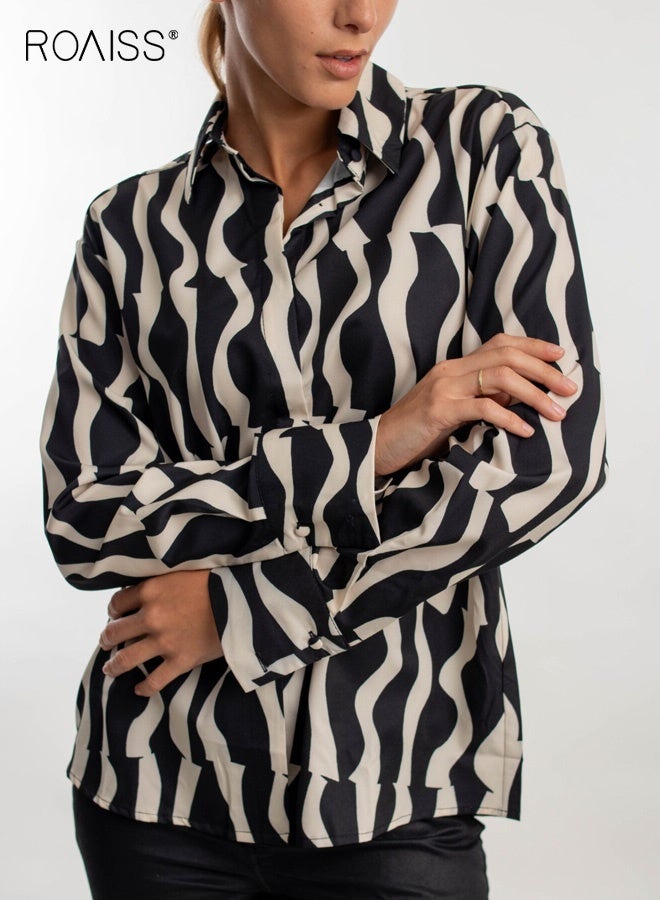 roaiss Women's Long-Sleeved Collared Button-Down Shirt with Wavy Pattern Comfortable Breathable Slightly Stretchy Casual Everyday Top Relaxed Fit and Soft Fabric for Work Commuting, Office Wear, And Daily Casual Outings Black&White - Image 4