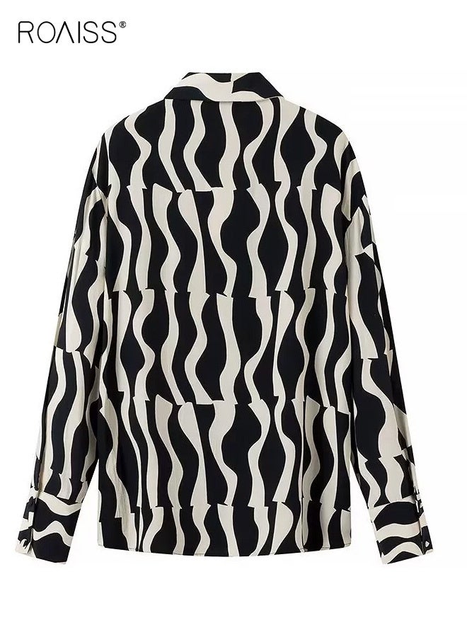 roaiss Women's Long-Sleeved Collared Button-Down Shirt with Wavy Pattern Comfortable Breathable Slightly Stretchy Casual Everyday Top Relaxed Fit and Soft Fabric for Work Commuting, Office Wear, And Daily Casual Outings Black&White - Image 5
