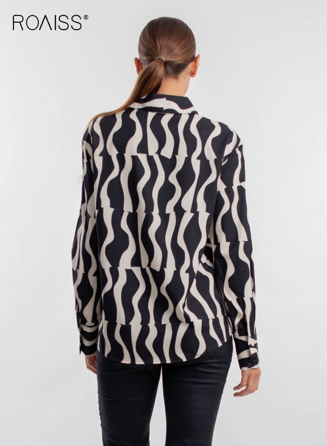 roaiss Women's Long-Sleeved Collared Button-Down Shirt with Wavy Pattern Comfortable Breathable Slightly Stretchy Casual Everyday Top Relaxed Fit and Soft Fabric for Work Commuting, Office Wear, And Daily Casual Outings Black&White - Image 3