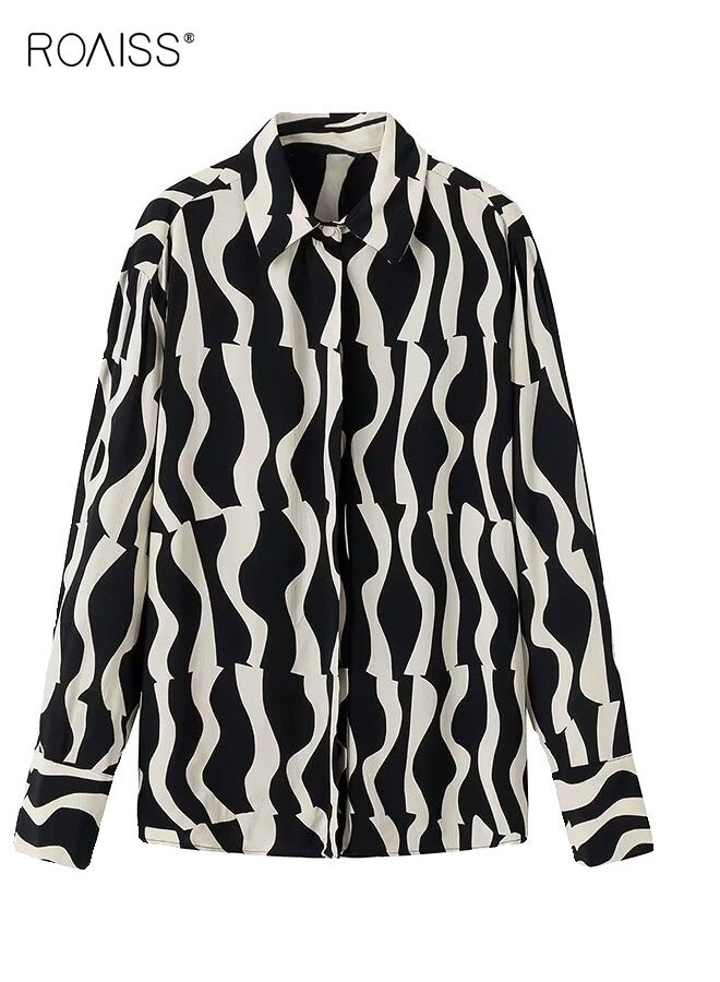 roaiss Women's Long-Sleeved Collared Button-Down Shirt with Wavy Pattern Comfortable Breathable Slightly Stretchy Casual Everyday Top Relaxed Fit and Soft Fabric for Work Commuting, Office Wear, And Daily Casual Outings Black&White - Image 1