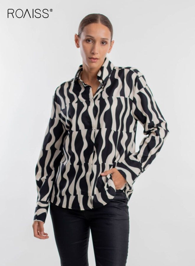 roaiss Women's Long-Sleeved Collared Button-Down Shirt with Wavy Pattern Comfortable Breathable Slightly Stretchy Casual Everyday Top Relaxed Fit and Soft Fabric for Work Commuting, Office Wear, And Daily Casual Outings Black&White - Image 2
