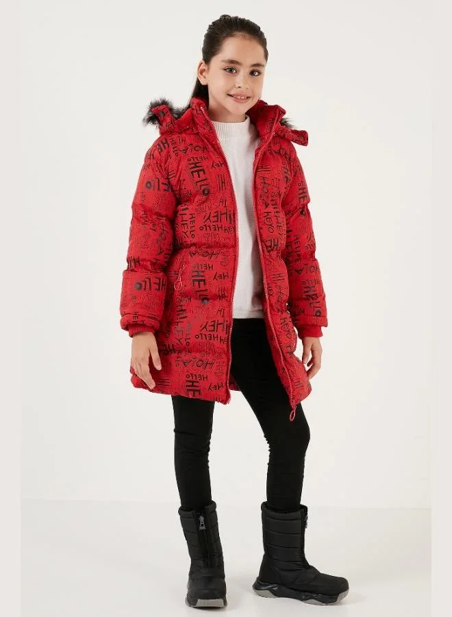 Lela Lela Collar Faux Fur Text Printed Detachable Hooded Plush Lined Winter Coat Girl's COAT 5761984