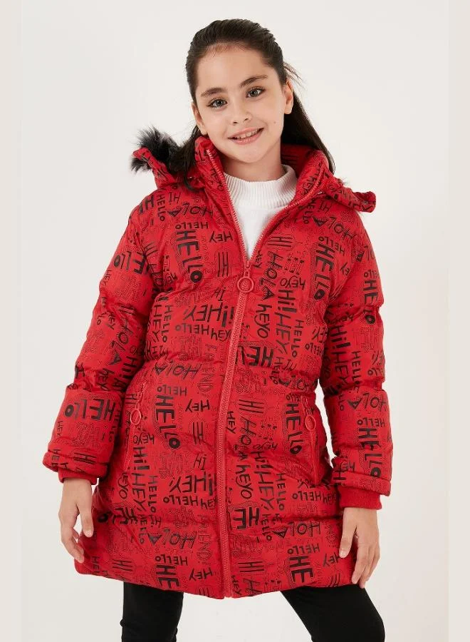 Lela Lela Collar Faux Fur Text Printed Detachable Hooded Plush Lined Winter Coat Girl's COAT 5761984