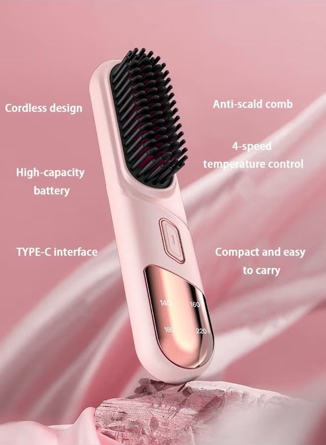 Generic Wireless Hair Straightener Brush Anti-Scald 20s Fast Heating 4Temp Settings Heating LED Display hair straightener comb Perfect for All Hair Types Pink  - Image 5