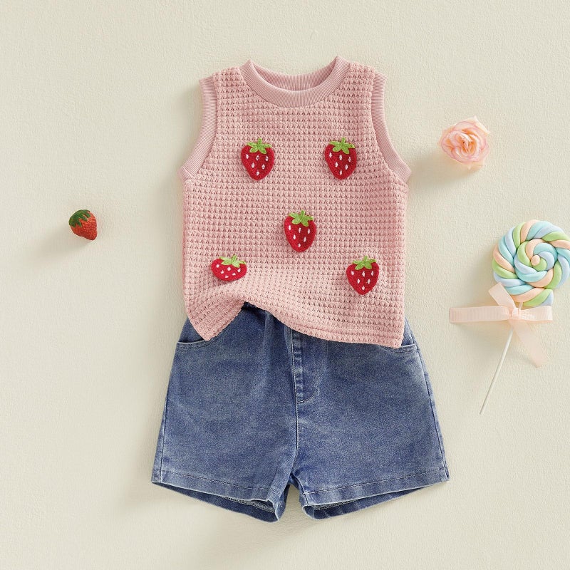 YINGISFITM Toddler Girl Clothes Baby Summer Waffle Knit Tank Top Sleeveless Shirt Jeans Shorts Floral Outfit Girls Clothing (Cream strawberry, 3-4T) - Image 2