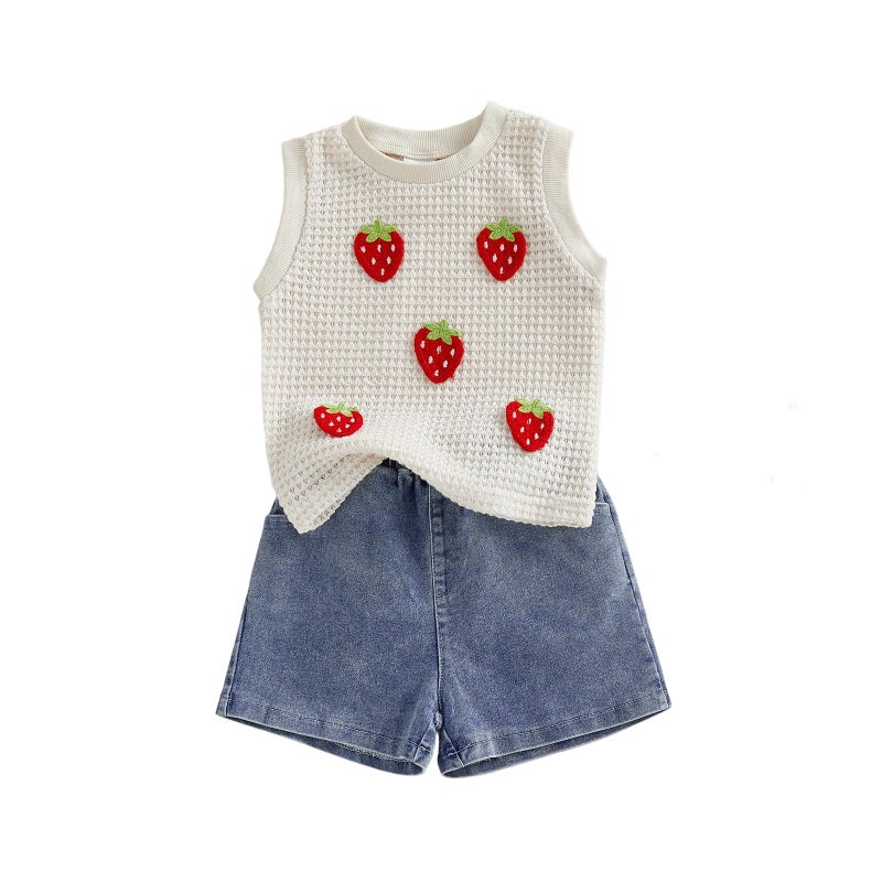 YINGISFITM Toddler Girl Clothes Baby Summer Waffle Knit Tank Top Sleeveless Shirt Jeans Shorts Floral Outfit Girls Clothing (Cream strawberry, 3-4T) - Image 1