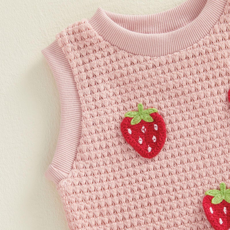 YINGISFITM Toddler Girl Clothes Baby Summer Waffle Knit Tank Top Sleeveless Shirt Jeans Shorts Floral Outfit Girls Clothing (Cream strawberry, 3-4T) - Image 3