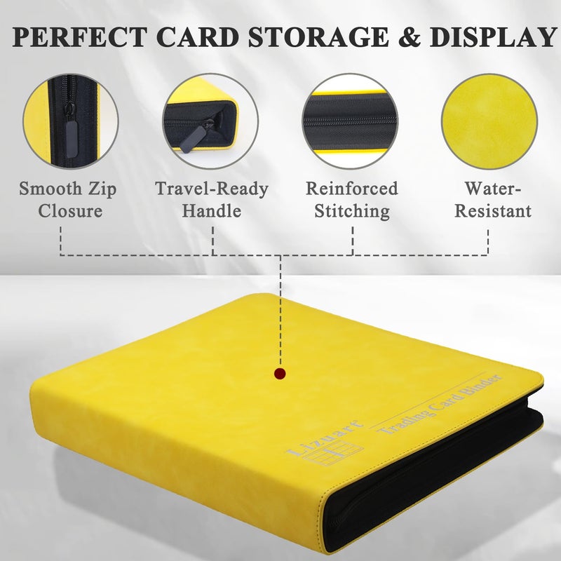 Lizuart Trading Card Binder, 3-Ring 9-Pocket Zipper Binder for Baseball Cards, Sports Cards, TCG/CCG (MTG, Football, Basketball), 20 Black Leatherette Sheets, Side Load (Yellow, O-Ring) - Image 5