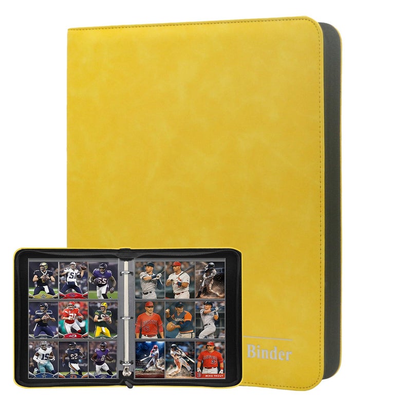 Lizuart Trading Card Binder, 3-Ring 9-Pocket Zipper Binder for Baseball Cards, Sports Cards, TCG/CCG (MTG, Football, Basketball), 20 Black Leatherette Sheets, Side Load (Yellow, O-Ring) - Image 1