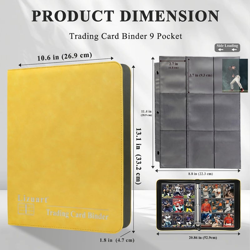 Lizuart Trading Card Binder, 3-Ring 9-Pocket Zipper Binder for Baseball Cards, Sports Cards, TCG/CCG (MTG, Football, Basketball), 20 Black Leatherette Sheets, Side Load (Yellow, O-Ring) - Image 3
