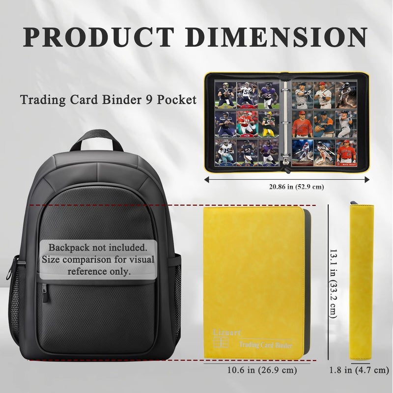 Lizuart Trading Card Binder, 3-Ring 9-Pocket Zipper Binder for Baseball Cards, Sports Cards, TCG/CCG (MTG, Football, Basketball), 20 Black Leatherette Sheets, Side Load (Yellow, O-Ring) - Image 2