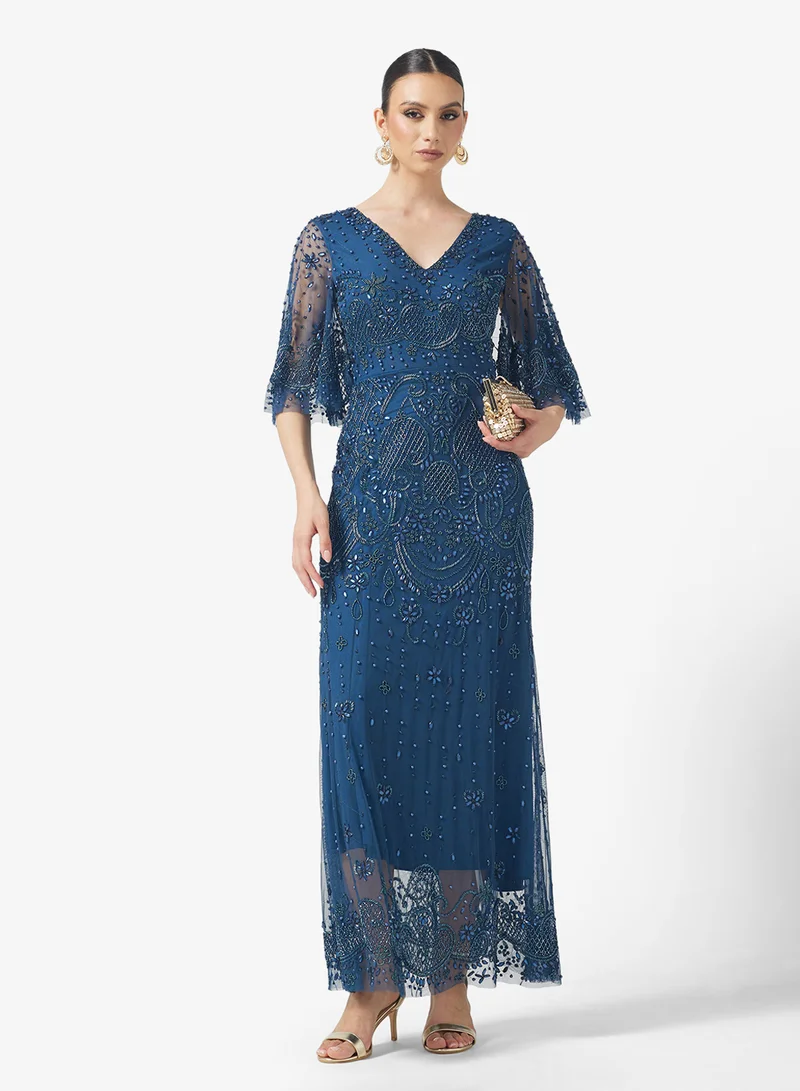 Amelia Rose V-Neck Flared Sleeve Sequin Maxi Dress