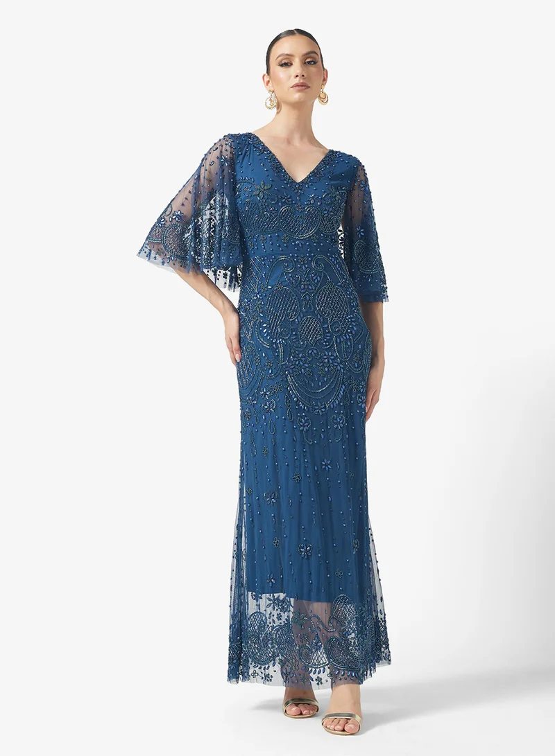 Amelia Rose V-Neck Flared Sleeve Sequin Maxi Dress