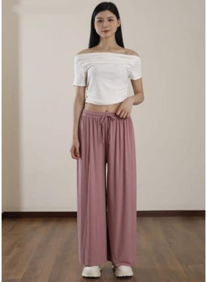 No brands بنطال Palazzo نسائي واسع الساق من القطن المضلع KU401 - Image 1
