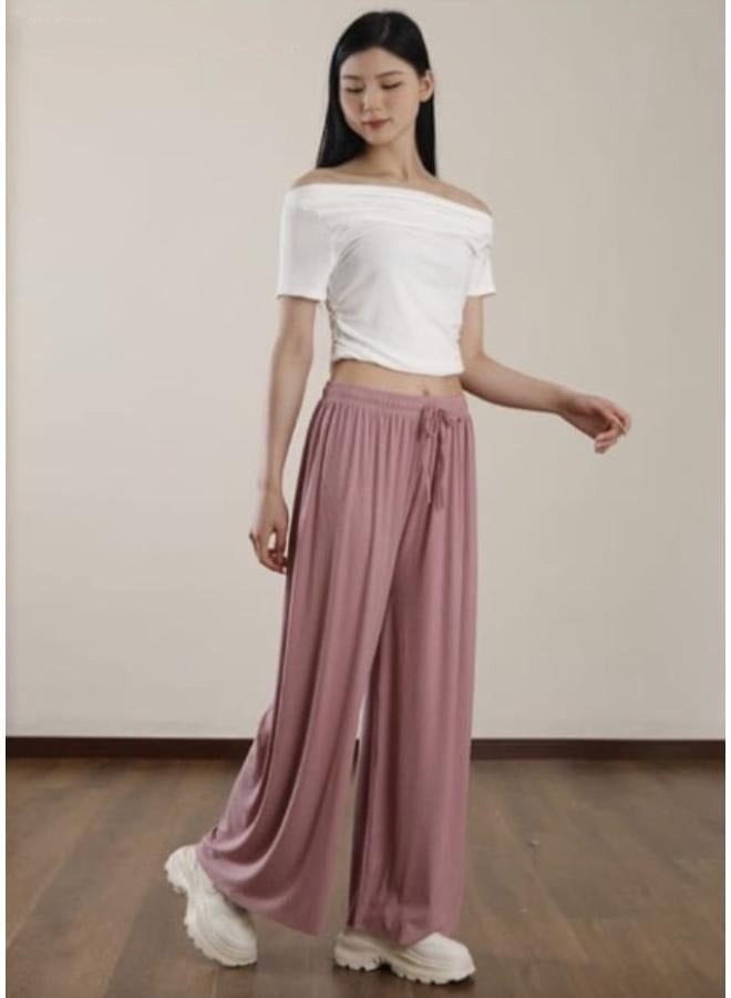 No brands بنطال Palazzo نسائي واسع الساق من القطن المضلع KU401 - Image 4