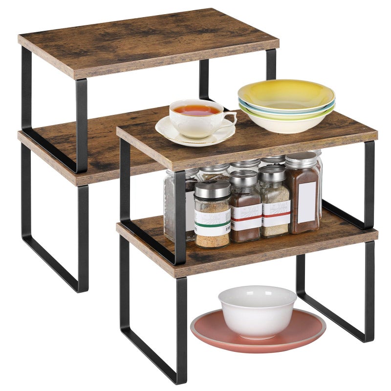 ETELI Kitchen Counter Cabinet Shelf Organizer Expandable Stackable Shelves Set of 4 Shelf Risers Small Counter Top Racks for Kitchen Cupboard Pantry Brown