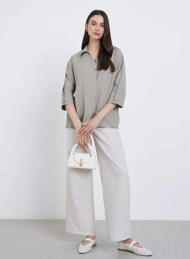Take Two Take Two Solid Pleated Detail V-Neck Shirts
