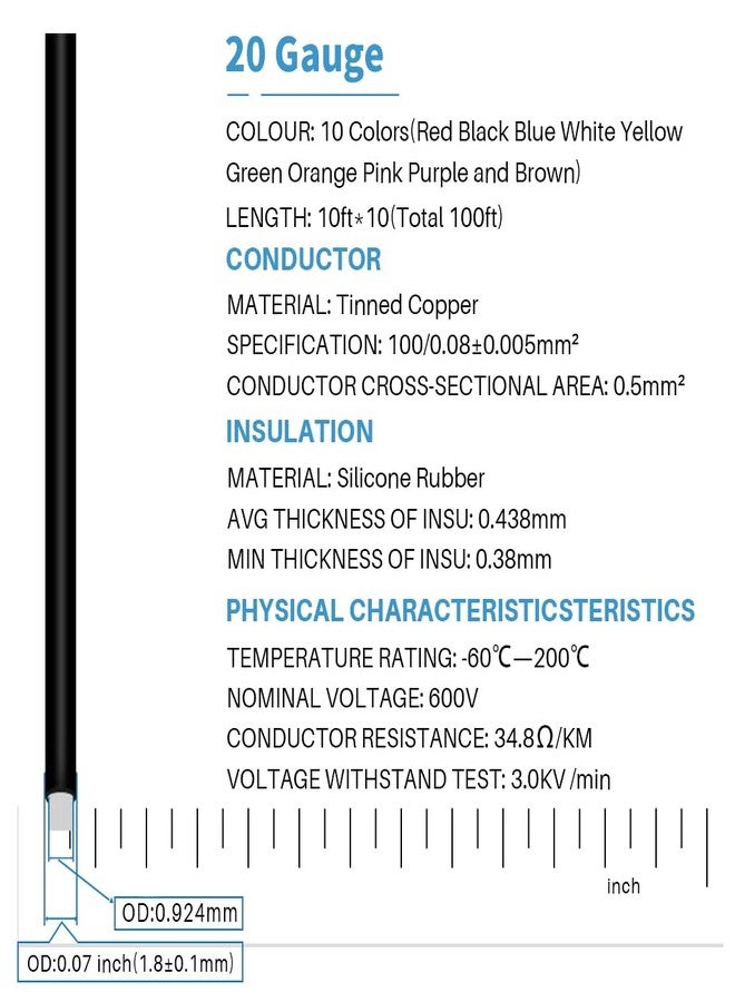 BNTECHGO 20 Gauge Silicone Wire Kit Ultra Flexible 10 Color High Resistant 200 deg C 600V Silicone Rubber Insulation 20 AWG Silicone Wire 100 Strands of Tinned Copper Wire Stranded Wire Model - Image 2