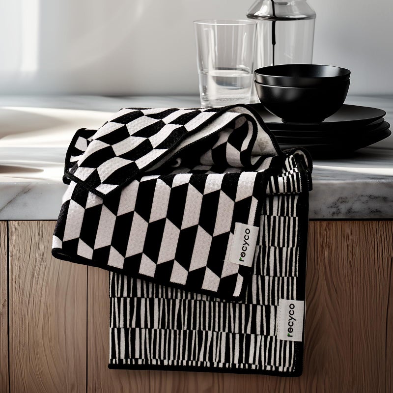 RECYCO Waffle Kitchen Towel Set of 2 - Quick Dry Microfiber Sustainable Dish Towels - Ultra Absorbent Reusable Cleaning Tea Towels - Lightweight Hand Towels,16â€x 28â€, Black & White Mirage - Image 1