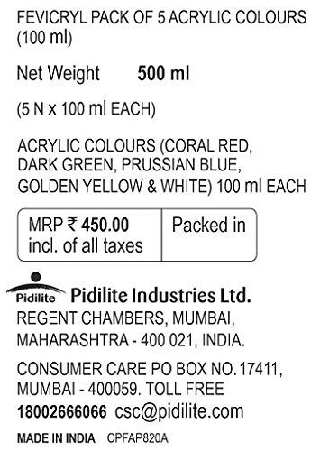Pidilite PIDILITE Fevicryl Acrylic Colours 100ml Set of 5 Primary Shades for Metal, Glass, Fabric, Wood, Wall and Canvas Painting Coral Red; Dark Green; Prussian Blue; Golden Yellow and White  - Image 2