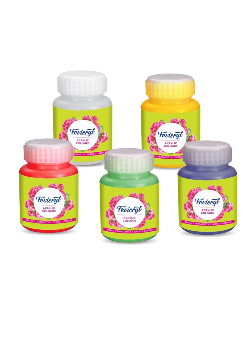 Pidilite PIDILITE Fevicryl Acrylic Colours 100ml Set of 5 Primary Shades for Metal, Glass, Fabric, Wood, Wall and Canvas Painting Coral Red; Dark Green; Prussian Blue; Golden Yellow and White  - Image 1