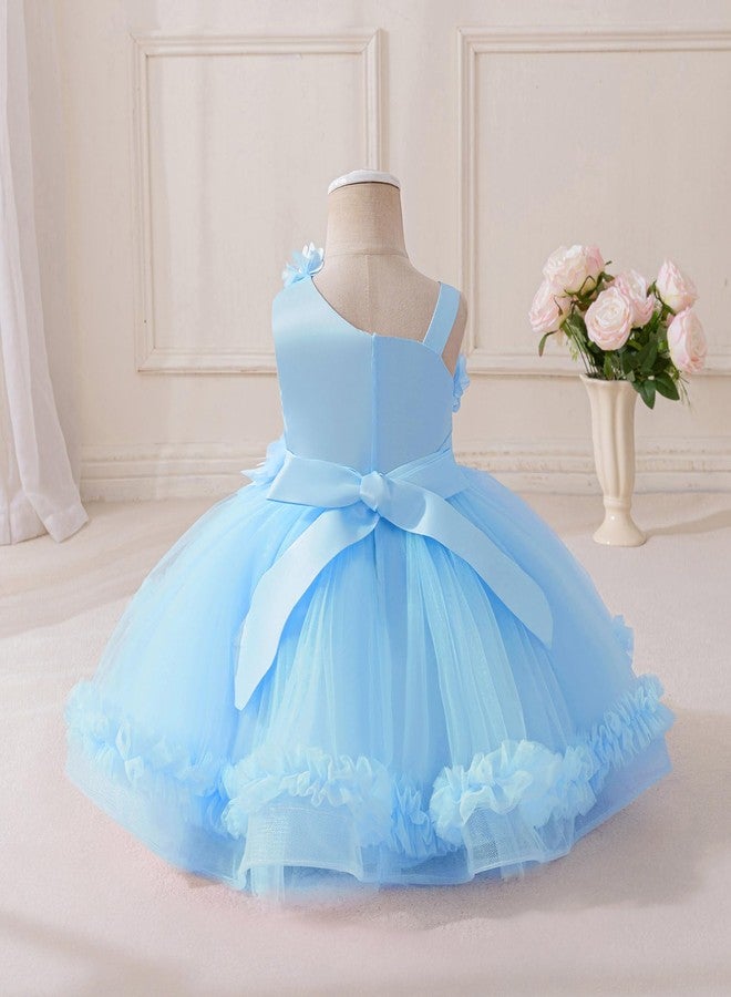 أوبيي فستان توتو أزرق مزين بزهور ثلاثية الأبعاد وكتفين غير متماثلين، مناسب للفتيات الصغيرات من عمر 5-6 سنوات، مثالي لحفلات التعميد، وأعياد الميلاد الرسمية، وجلسات التصوير، وحفلات التخرج، وحفلات الزفاف، وحفلات الزفاف. - Image 4