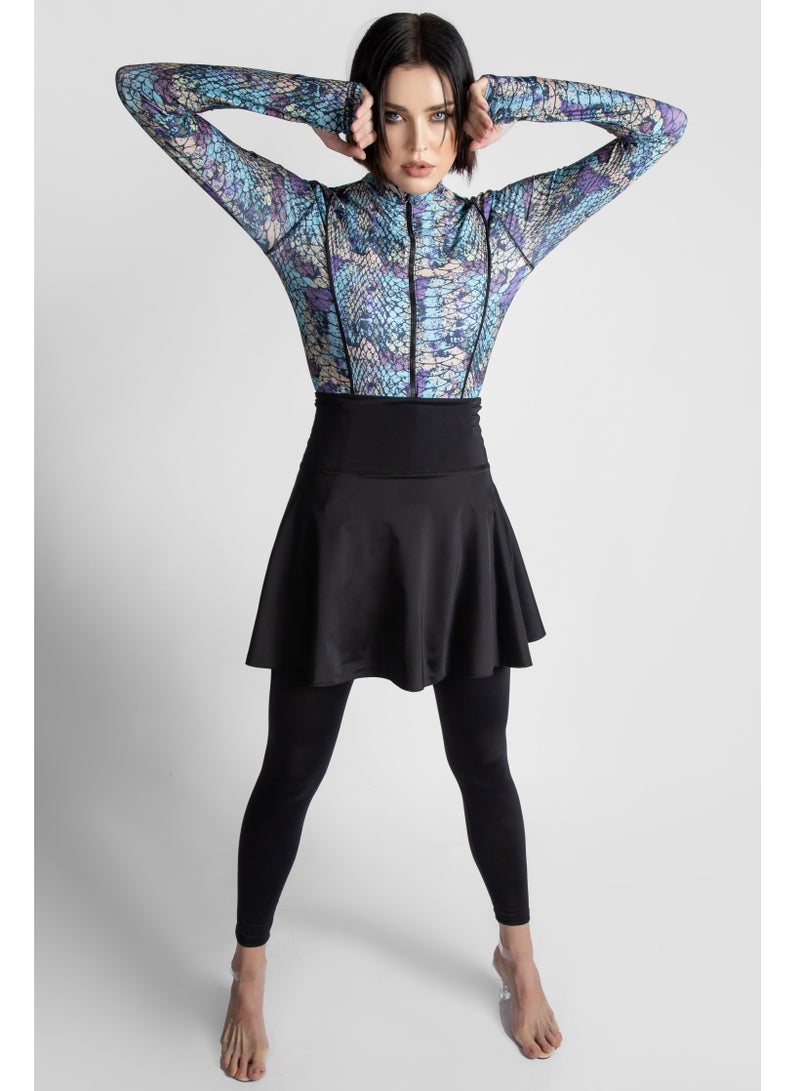 منيرفا سيكرت مجموعة بوركيني حورية البحر الحصرية الفاخرة مع بلوزة أنيقة وسروال ضيق عالي الخصر وتنورة شاطئ أنيقة - Image 4