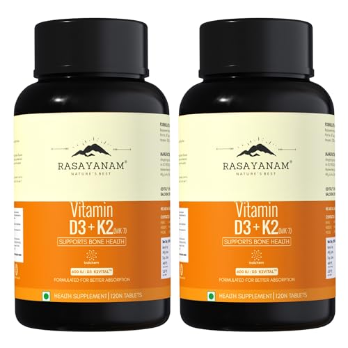 Rasayanam Vitamin D3 K2(MK-7) Pack of 2 | 100% Vegan Vitamin D3 | Superior K2(MK-7) from Balchem, USA | For Calcium Utilization, Bone Strength & Heart Health | D3 Supplement For Immunity | 240 Veg Tablets - Image 1
