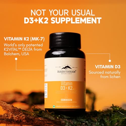 Rasayanam Vitamin D3 K2(MK-7) Pack of 2 | 100% Vegan Vitamin D3 | Superior K2(MK-7) from Balchem, USA | For Calcium Utilization, Bone Strength & Heart Health | D3 Supplement For Immunity | 240 Veg Tablets - Image 2