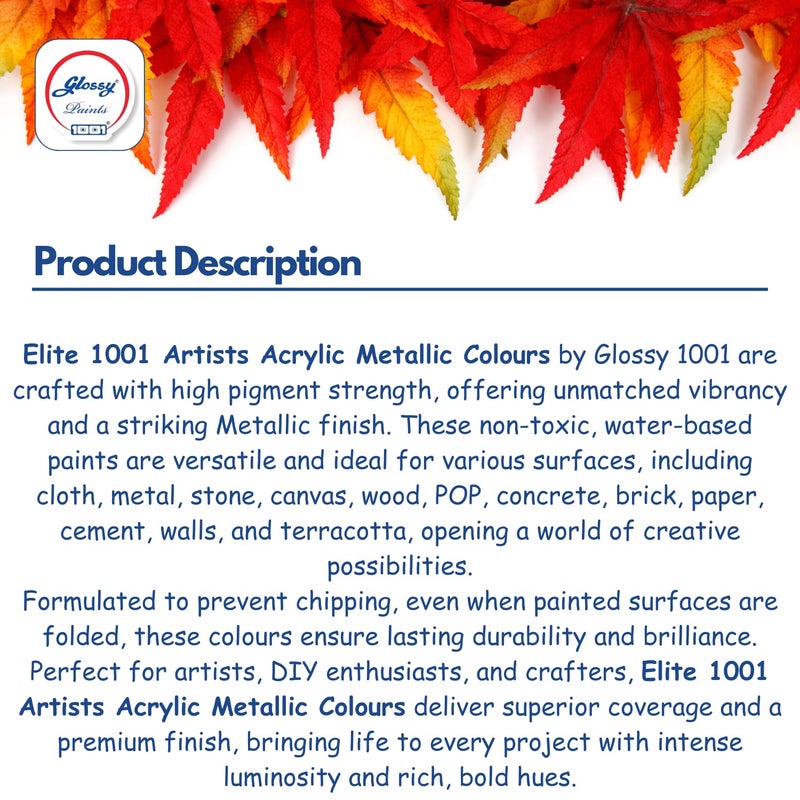 1001 Elite Artists Acrylic Metallic Colors Set | 12 Shades of 50ml Each | MultiSurface | Art Craft & Paint Work | Multicolours - Image 2