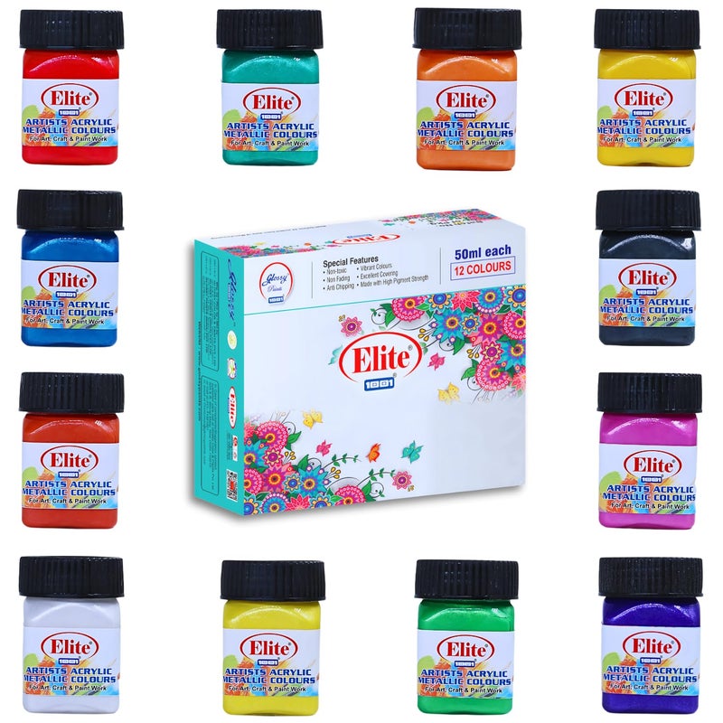 1001 Elite Artists Acrylic Metallic Colors Set | 12 Shades of 50ml Each | MultiSurface | Art Craft & Paint Work | Multicolours - Image 1