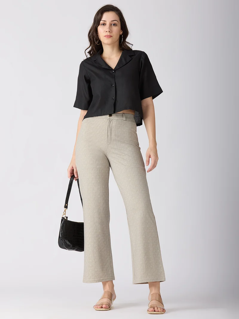 globus Women Self Checked Design Stretchable Mid-Rise Straight Fit Workwear Trousers
