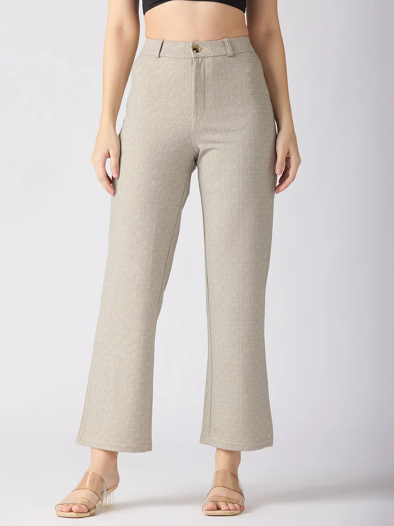 globus Women Self Checked Design Stretchable Mid-Rise Straight Fit Workwear Trousers