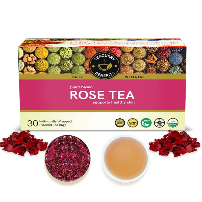 TEACURRY Rose Petal Tea - 30 Rose Tea Bags | Helps Lose Weight, Boosts Digestion, Relieves Anxiety, Increases Skin Glow | Rose Tea Petals | Petals Tea Bag Detox - Image 1