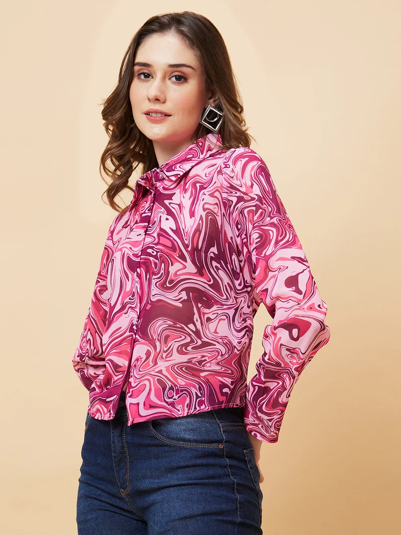 globus Women Pink Tropical Print Shirt Style Top