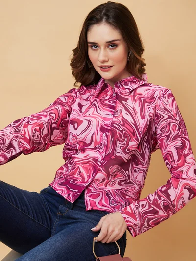 globus Women Pink Tropical Print Shirt Style Top