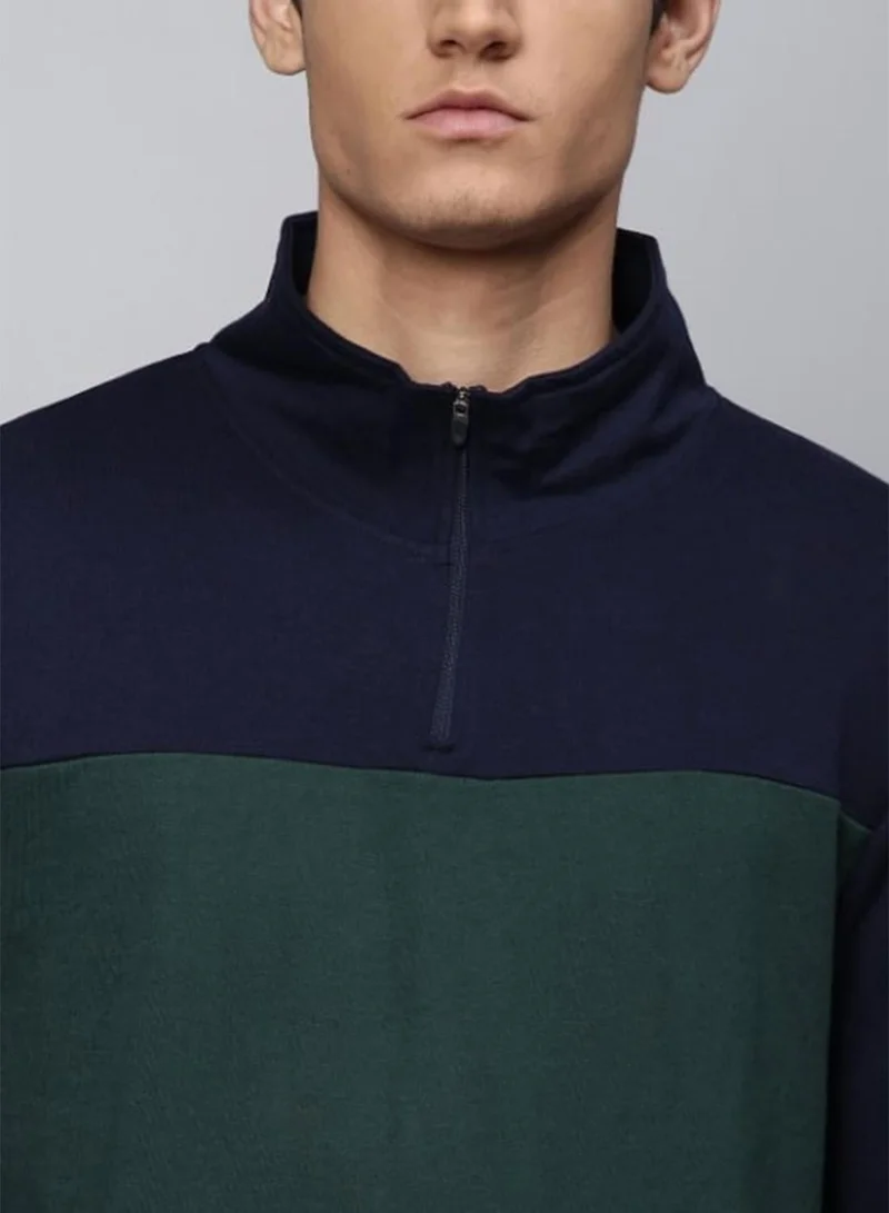 Dennis Lingo Men'S Petrol Green Polyester Blend Colourblocked Regular Fit Sweatshirt